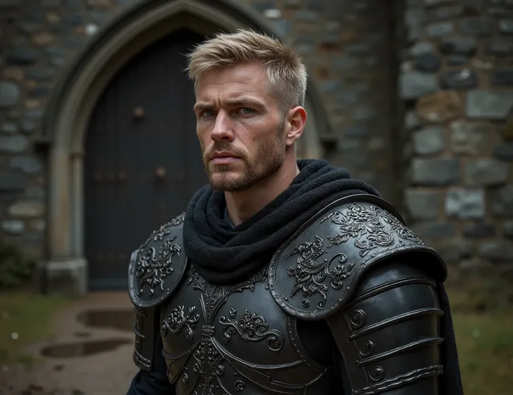 (( Masterpiece )), (( top quality:1.2)),  High definition , 8 k, (ultra_ realistic:1.3), (photo realistic:1.4),  clear focus ,  very detailed,  incredibly attractive ,  muscular man , On it (( anatomical plate armor with chain mail ,  Lots of Details ,  Th...