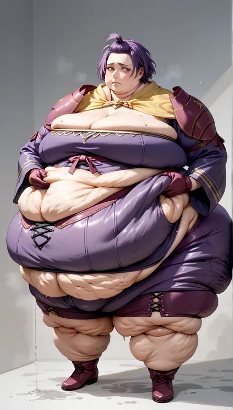 hopesBernie, topknot, shoulder pads, purple dress, cross-laced dress, long sleeves, short dress, skirt, purple shorts, cleavage, belt, gloves, (morbidly obese: 1.4), extremely fat belly, (cellulite: 1.2), grab belly, (fat shame: 1.2), detailed face, (farti...