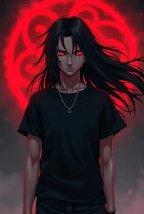  Itachi Uchiha with loose hair and with black short sleeve shirt and black pants, with Mangekyou Sharingan activated 