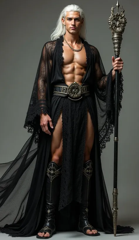 See full male body view of a extremely muscular 18 year old cream skin tone friendly young man, D&D inspired design, happy expression on face, wearing a sexy revealing black metal masculine design geometric lace wizard robe with sheer parts and full wide b...