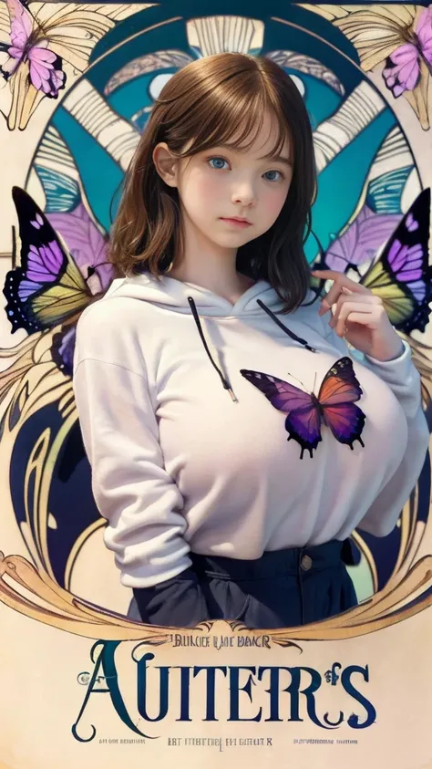 Emma Myers,  absurd,  top quality, 1 girl, Alone, Light Hair,  (simple butterfly 々 illustration background ), (( art nouveau style poster )),  is standing、（Big Breasts、 mid-length bangs、 long hair：3）、 hoodie、 hotpants、