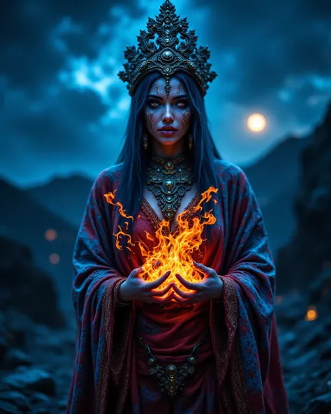 The Enigmatic Otherworldly Javanese Mythical Woman donning a lava red kebaya and batik fabrics, ornated tiara, hold a sulphury blue fire at The Ijen Crater, in a starry night with the full moon