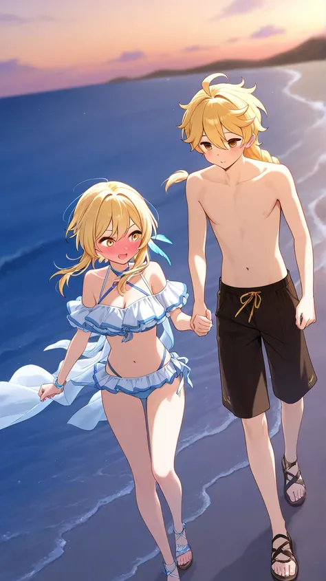 Lumine blushing blonde hair golden eyes and Aether boy with blond hair holding hands while walking on the beach 