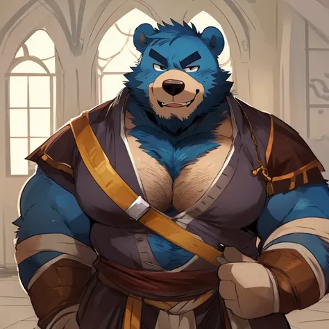 bear, furry, blue fur, handsome, very muscular, very big, extremely hot and sexy, beard, hair, chest hair, charming eyes, solo, male, happy expression, daddy, full body, big body, red medieval clothes, middle aged, by hyaku, by darkgem, by glitter trap boy