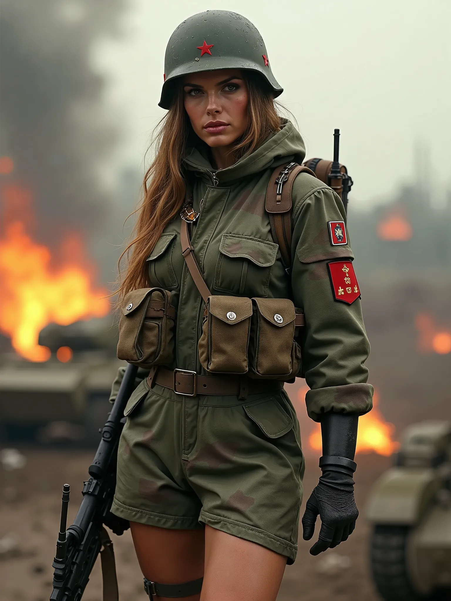 Beautiful Soviet soldier, World War II, dressed in camouflage clothing, wearing a military helmet, fitness figure, sexy combat pose, holding a weapon in her hand, standing in the middle of a war-torn landscape, background is burning armored vehicles