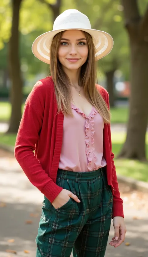 spring hat collection , head on White Cloche Hat, Portrait , standing pose,  name is Jessica, fashion model and Actress, 22-age, (White English, light golden middle hair, beautiful blue eye, cute lip, smile) , (big breasts, middle hip), (elegant pink frill...