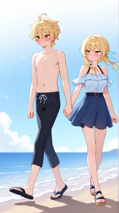 Lumine blushing blonde hair golden eyes and Aether boy with blond hair holding hands while walking on the beach 