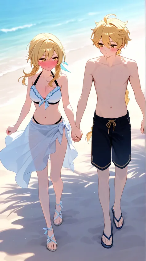 Lumine blushing blonde hair golden eyes and Aether boy with blond hair holding hands while walking on the beach 