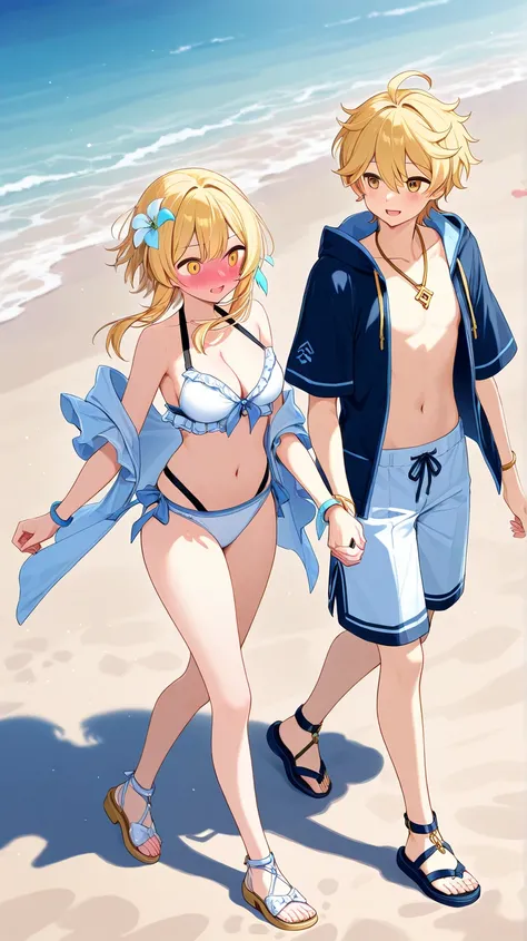 Lumine blushing blonde hair golden eyes and Aether boy with blond hair holding hands while walking on the beach 