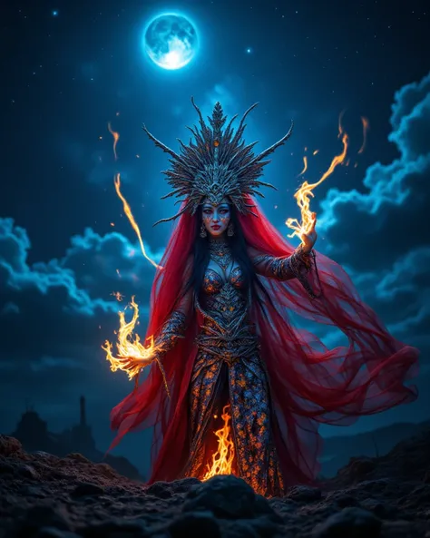 The Enigmatic Otherworldly Javanese Mythical Woman donning a lava red kebaya and batik fabrics, ornated tiara, hold a sulphury blue fire at The Ijen Crater, in a starry night with the full moon