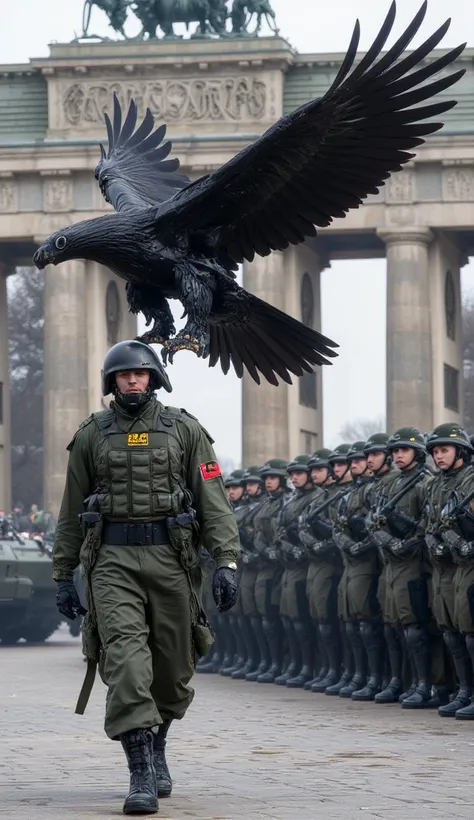 At Brandenburg Gate, Berlin, a Bundeswehr soldier in a dark green combat uniform with a black eagle emblem on his arm walked firmly. On it, a giant black eagle with a 20-meter wide wing flying low wearing a typical German steel helmet and combat armor on h...