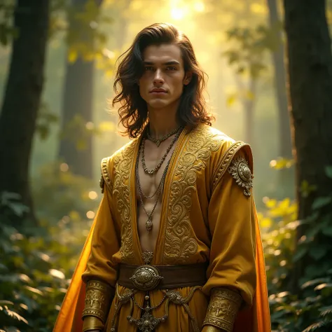 young handsome man age 18,long dark brown hair wearing royal clothe gold white aura, standing in the forest, realistic 4k