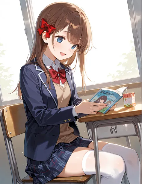 Masterpiece, hires, best quality, cute girl, small breasts, short girl, 1girl, brown hair, long hair, hair bow, wearing white collared shirt, wearing red bowtie, dark blue blazer, dark blue plaid skirt, wearing brown sweater vest, white thighhighs, blue ey...