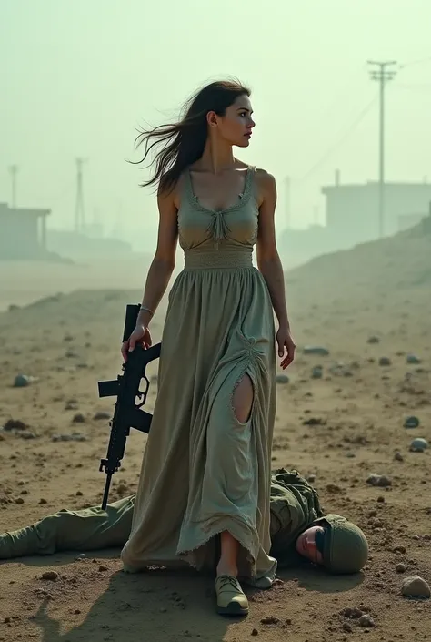 A woman in a long dress but torn off her shoulder is an AK gun under the ground is the body of an American soldier 