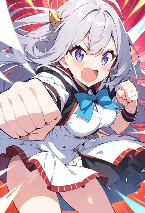 dynamic ,a lively and powerful girl, clenched fist in left hand , Excited 