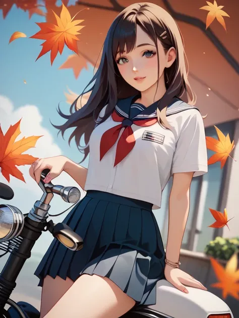  score_9,  score_8_ up,  score_7_ up,  score_6_ up,  score_5_ up,  score_4_ up,  anime，nsfw，  uncensored ，A teenage girl on a small motorcycle leaves in her school uniform;  Semi-Realistic ，Accurate and detailed motorcycles，