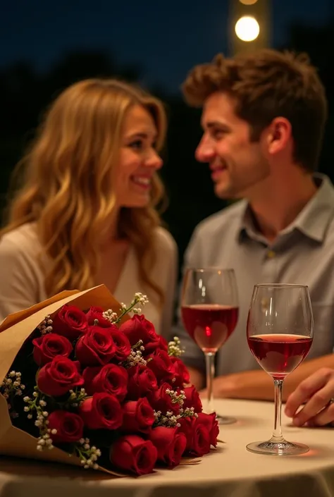 Couple having dinner at night,  the atmosphere demonstrates a romantic dinner with a bouquet of red roses wrapped in brown Kraft paper with small white flowers distributed naturally, two glasses of wine on their table and they are both wearing casual cloth...