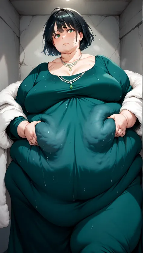 black hair, short hair, green eyes, coat, long sleeves, collarbone, large breasts, necklace, jewelry, dress, fur coat, green dress, (morbidly obese: 1.2), extremely fat belly, (cellulite: 1.2), grab belly, (fat shame: 1.2), detailed face, (farting: 1.2), (...