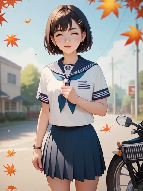  score_9,  score_8_ up,  score_7_ up,  score_6_ up,  score_5_ up,  score_4_ up,  anime，nsfw，  uncensored ，A age girl on a small motorcycle leaves in her school uniform;  Semi-Realistic ，Accurate and detailed motorcycles，