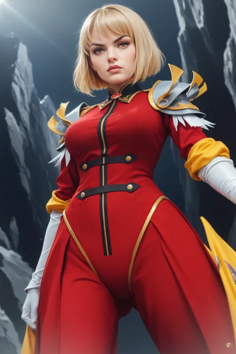 Create an artwork featuring a dynamic anime-themed female character, Chae Hae-In from Solo Leveling. She should have short blonde hair and light brown eyes, displaying a serious expression. Dress her in a detailed red and gold hunter's outfit, capturing an...