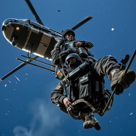 Dynamic composition of a special forces operator, Code name Crow. Anthropomorphic Crow. Rapelling from an attack helicopter. Military style black ops. Donned in black modern combat armor. Dynamically roping down. Hanging underneath the helicopter, fast rop...