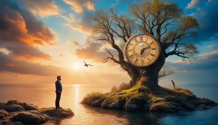 a surreal landscape that blends elements of time and nature. In the foreground, a figure stands near the edge of a tranquil body of water, gazing thoughtfully towards a large, ornate clock that is integrated into a gnarled tree. The clock features intricat...