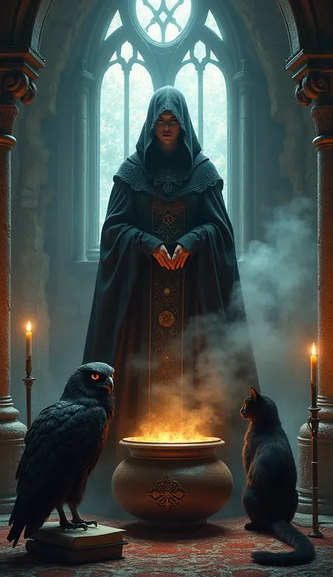  Powerful witch contorro , broom, cauldron,  in a gothic castle , Conuna owl ,  black cat spell book ,  crystal ball and magic mirror