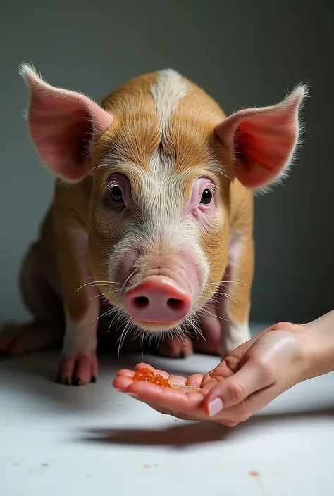 Un très très très gros plan sur le visage d'un cochon entièrement couvert de brûlures et de grosses coupures ,assis sur la table blanche d'un vétérinaire ,et devant lui une main gantée tenant une grosse seringue remplie de liquide. 