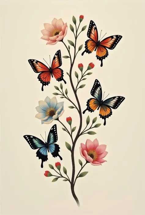 Picture of a tattoo with 4 flowers and 4 butterflies on a branch
