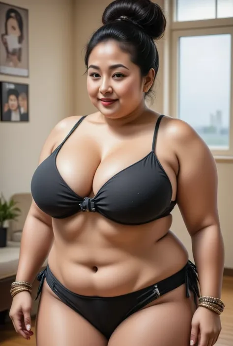 Chubby Brazilian woman with dark brown skin, 2, curly frizzy hair with chemical cut, in a age room with posters on the walls, realisitic,araffed woman in a black swimsuit posing for a picture, a portrait by Justin Sweet, tumblr, tachisme, thicc, thick body...