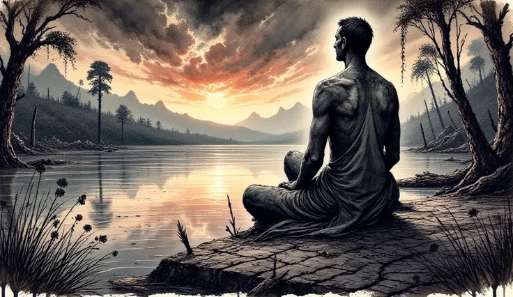 a man sitting on a rock in front of a lake with a sunset, meditation, relaxing environment, beautiful image ever created, spiritual enlightenment, peaceful atmosphere