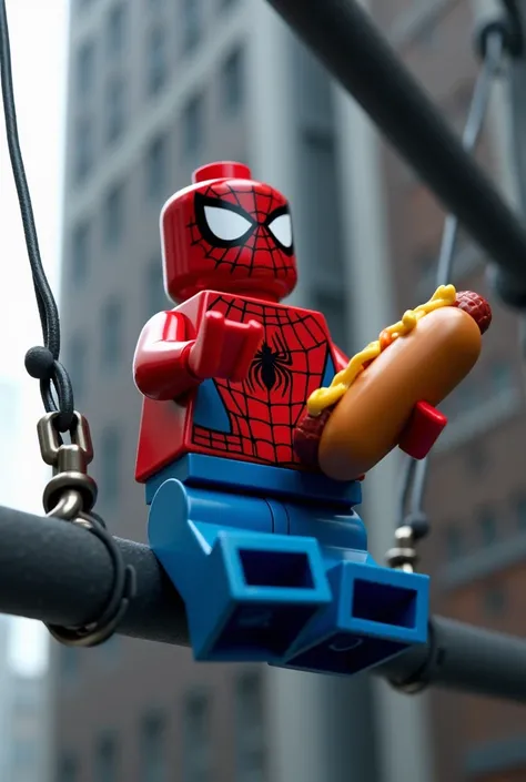 Lego Spiderman wallpaper sitting on a steel bar held by cables while eating a hot dog