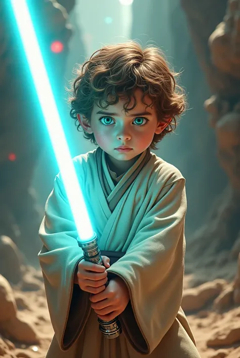  boy with aqua-green eyes ,  light brown curled hair wearing Jedi clothing and Pixar-style lightsabre
