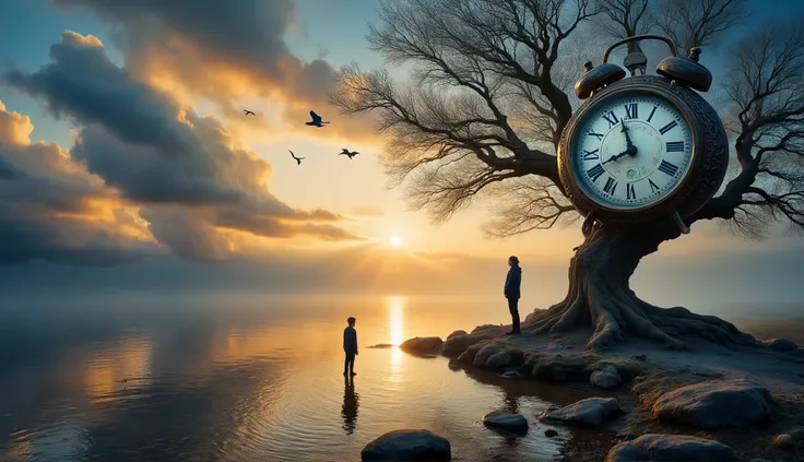 a surreal landscape that blends elements of time and nature. In the foreground, a figure stands near the edge of a tranquil body of water, gazing thoughtfully towards a large, ornate clock that is integrated into a gnarled tree. The clock features intricat...