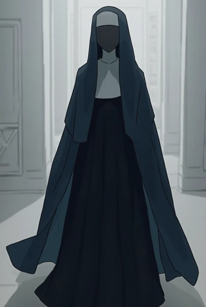 Solo, 1girl, tall women, cape over shoulders, nun outfits, long skirt, faceless, veil face /(Veil covered face)\, sleeves past wrists, sleeves past fingers, dark blue long cape, cloak, overly long sleeves, wide open loose sleeves, room, floating