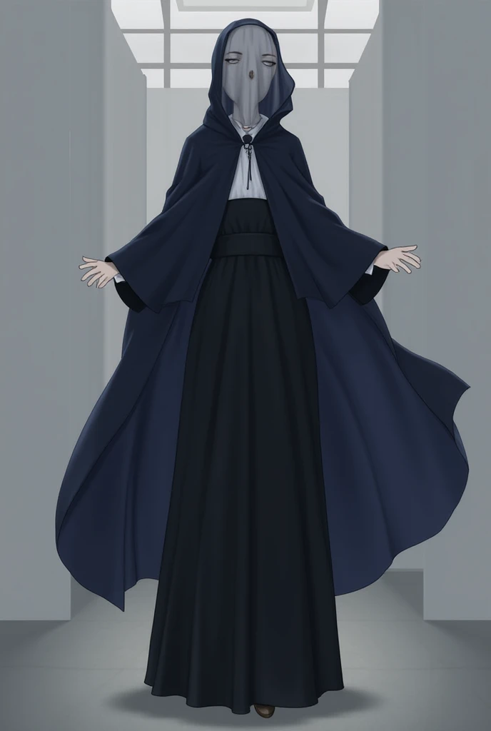 Solo, 1girl, tall women, cape over shoulders, nun outfits, long skirt, faceless, veil face /(Veil covered face)\, sleeves past wrists, sleeves past fingers, dark blue long cape, cloak, overly long sleeves, wide open loose sleeves, room, floating