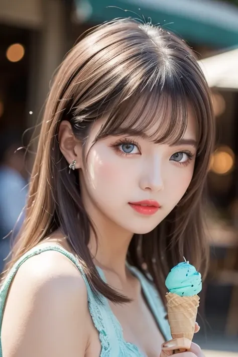 Close-up of a person holding an ice cream cone, Sweet girl,  woman with wavy silver hair, bangs,  light blue eyes ,  red lips, Soft green dress,