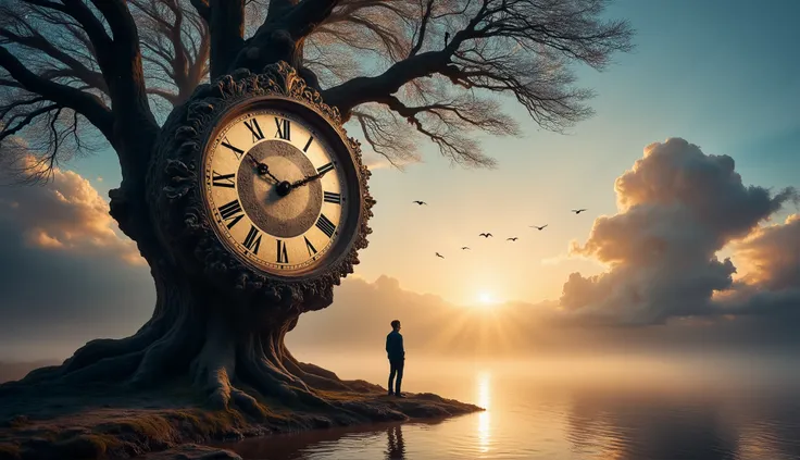 a surreal landscape that blends elements of time and nature. In the foreground, a figure stands near the edge of a tranquil body of water, gazing thoughtfully towards a large, ornate clock that is integrated into a gnarled tree. The clock features intricat...