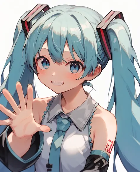 Light blue long hair, Hatsune Miku&#39;s outfit, Hatsune Miku's hair ornament, Light blue eyes, smile, It comes out of the computer screen,  with outstretched hands,  I'm squinting, PCの画面から飛び出ている, 視聴者に向けて with outstretched hands