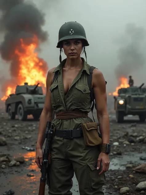 Beautiful German soldier, World War II, dressed in camouflage clothing, wearing a military helmet, fitness figure, sexy combat pose, holding a weapon in her hand, standing in the middle of a war-torn landscape, background is burning armored vehicles