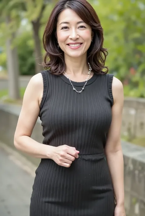 high image quality , masterpiece, top quality。Beautiful middle-aged woman standing in a park (48 years old: 1.4), ( face), wavy dark hair ,Slender and long legs, fine laugh lines: 1.2, and a bewitching smile . 。 sharp facial details , amazing beauty...