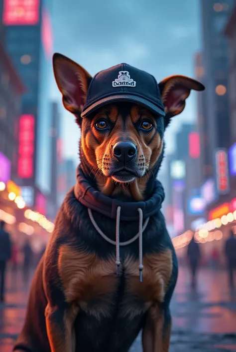 Create me an image of a dog wearing a cap with an urban style