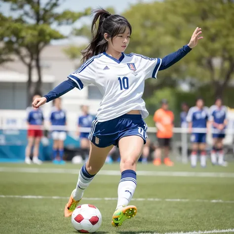 Photo realistic、 Japanese female soccer player 、The blue uniform of the Japanese national team、Number 10、The moment of shooting、 lawn soccer ground 、 Sunny、 orbital space、 dynamic pose、 the moment they kick the ball with one foot 、ponytail hair style、 musc...