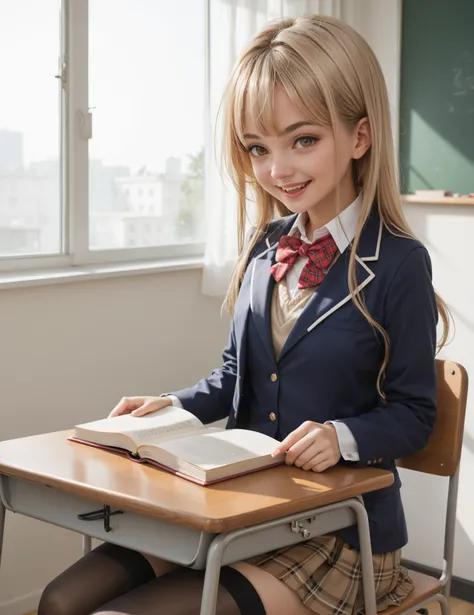 Masterpiece, hires, best quality, European, 1girl, blonde hair, long hair,  wearing white collared shirt, wearing red bowtie, dark blue blazer, closed jacket, light brown plaid skirt, wearing light brown sweater vest, black thighhighs, brown eyes, Sitting ...