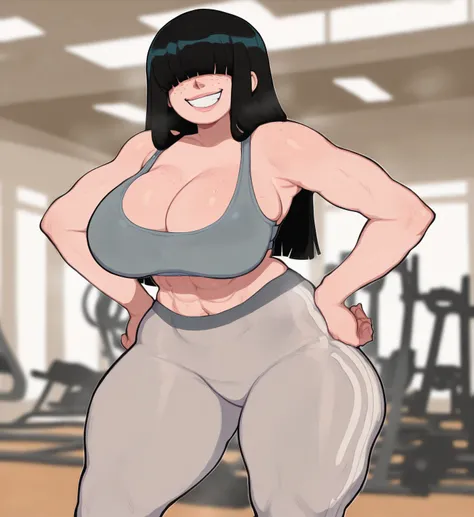 masterpiece, best quality, absurdres, very aesthetic, 1girl, solo, freckles, black hair, hime cut, blunt bangs, hair over eyes, toned, sports bra, grey pants, yoga pants, grin, hands on own hips, blurry background, gym, large breasts