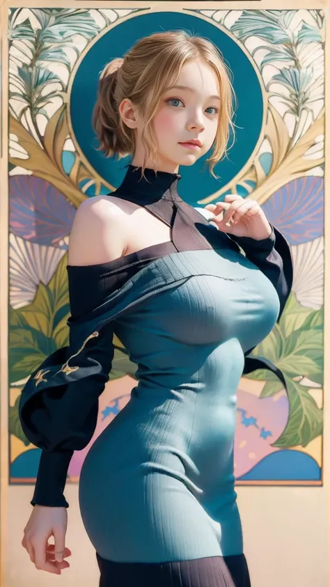 Emma Myers,  absurd,  top quality, 1 girl, Alone, Light Hair,  (simple illustration background ), (( art nouveau style poster )),  is standing、（Big Breasts、 ponytail：3）、 knitted dress in the bookstore、 off shoulder 、