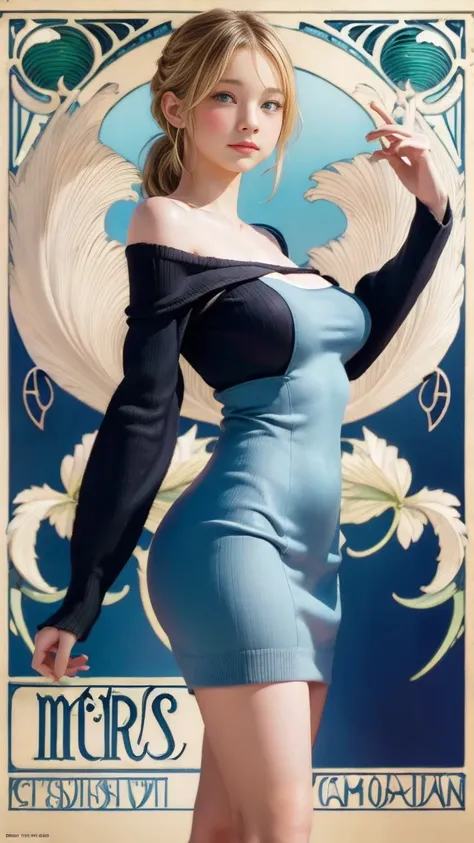 Emma Myers,  absurd,  top quality, 1 girl, Alone, Light Hair,  (simple illustration background ), (( art nouveau style poster )),  is standing、（Big Breasts、 ponytail：3）、 knitted dress in the bookstore、 off shoulder 、