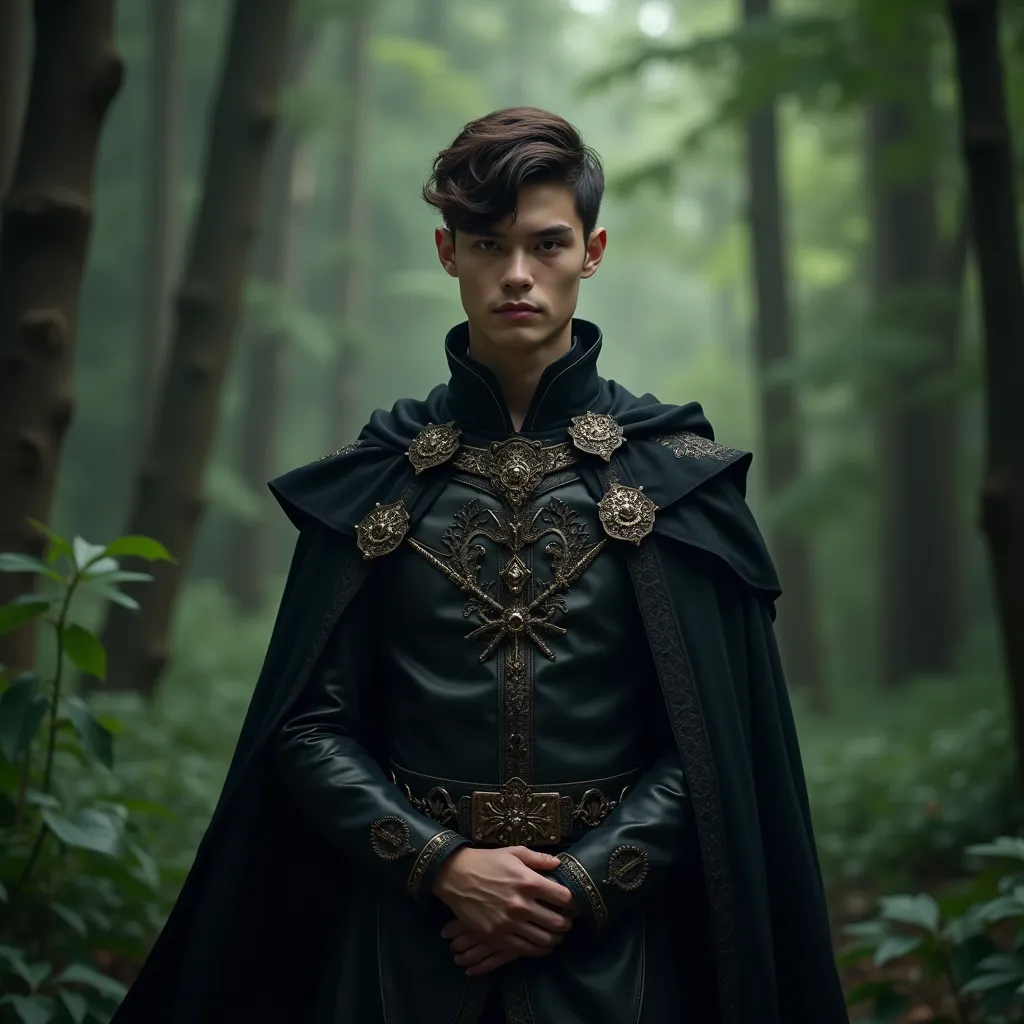 young handsome man age 18, short dark brown hair wearing royal clothe black aura, standing in the forest, realistic 4k