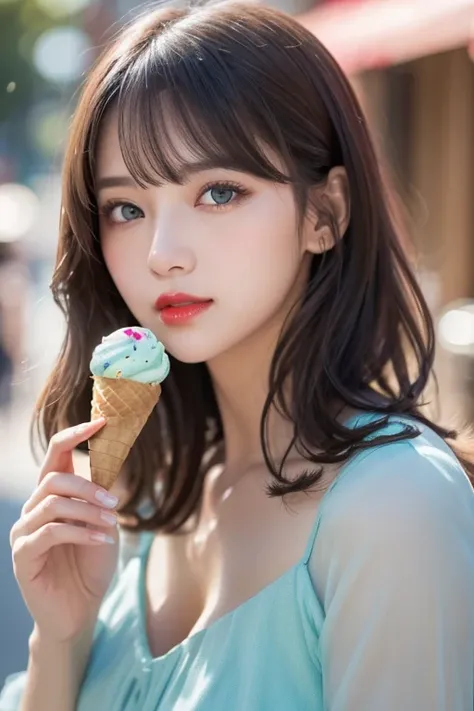 Close-up of a person holding an ice cream cone, Sweet girl,  woman with wavy silver hair, bangs,  light blue eyes ,  red lips, Soft green dress,