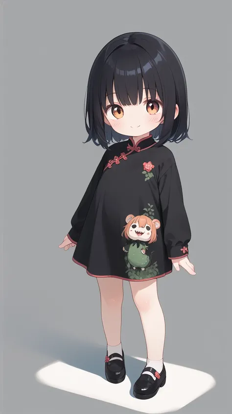 young, cute, girl, horror, black dragon cheongsam, full body 